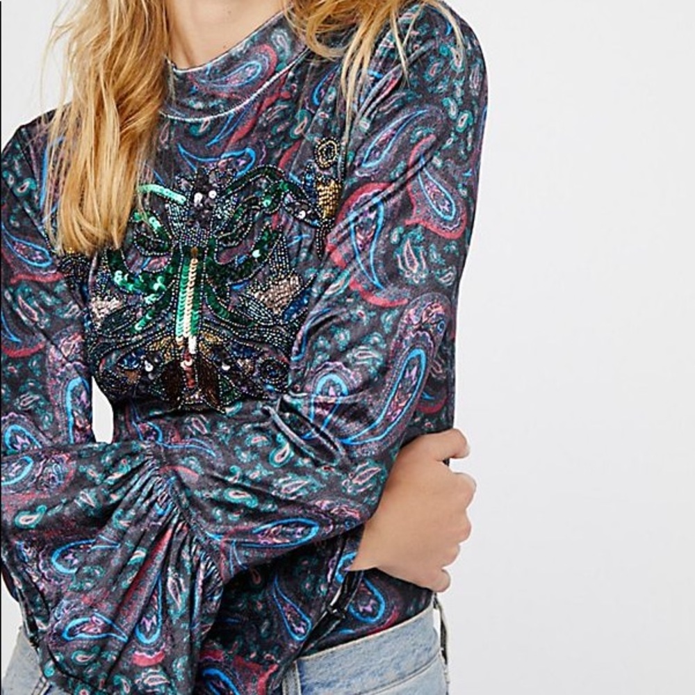 Free People L’amour Embellished Printed Blouse